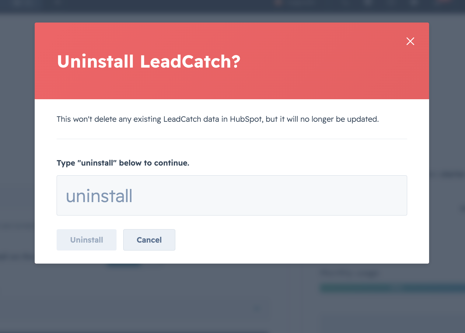 The Uninstall LeadCatch confirmation dialog, where you type 'uninstall' to confirm